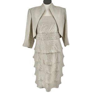 R&M Collection 2pc Dress Jacket Set Womens 16 Champagne Gold Tiered Skirt
